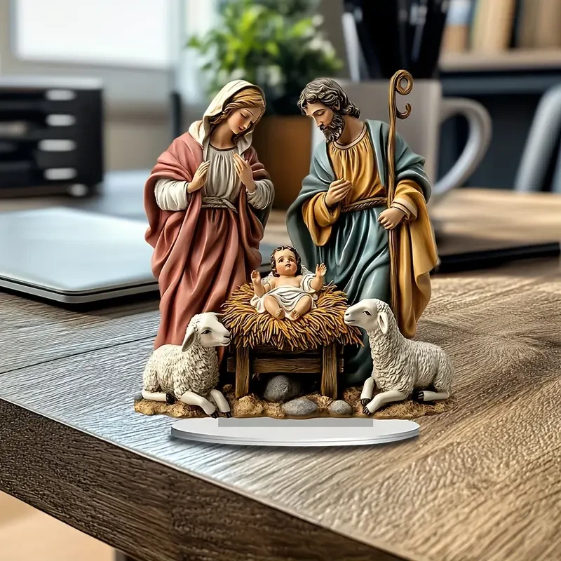Adornos acrílicos clásicos del nacimiento de Jesús, decoración con temática de pastor.