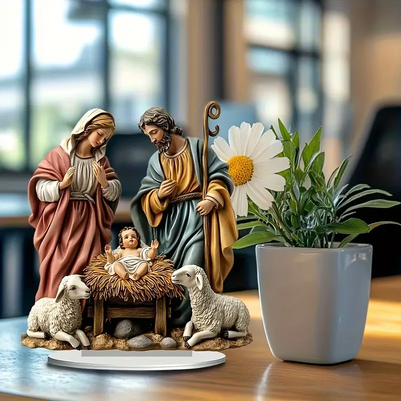 Adornos acrílicos clásicos del nacimiento de Jesús, decoración con temática de pastor.