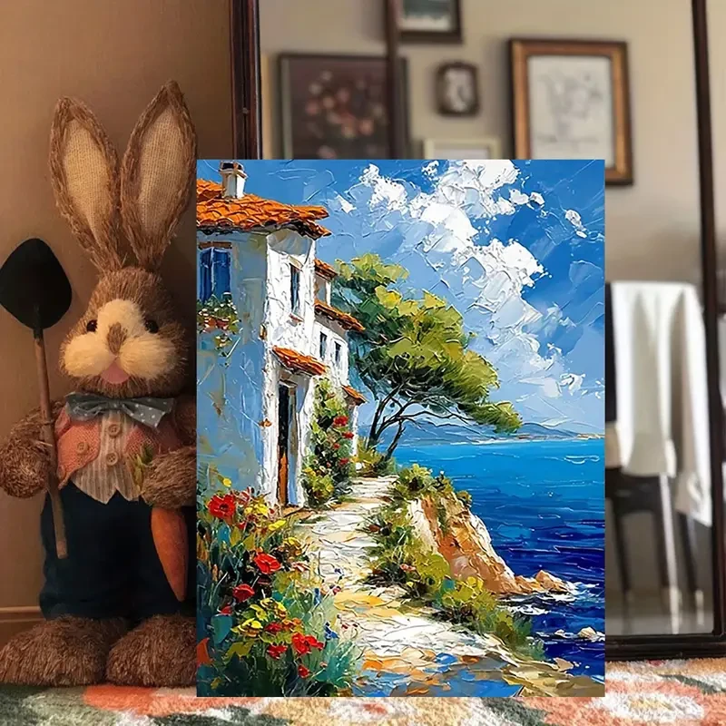 Póster impreso en lienzo con paisaje de ciudad costera