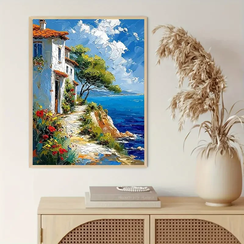 Póster impreso en lienzo con paisaje de ciudad costera