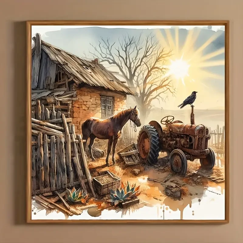 Kit de pintura de diamantes 5D DIY: Cabaña rústica con escena de caballos