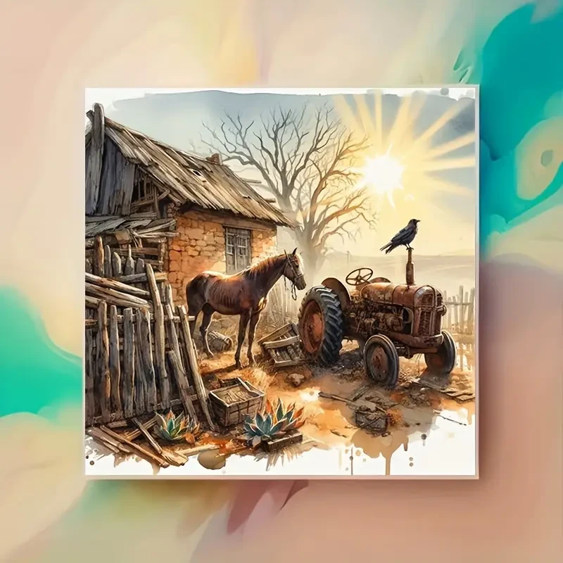 Kit de pintura de diamantes 5D DIY: Cabaña rústica con escena de caballos