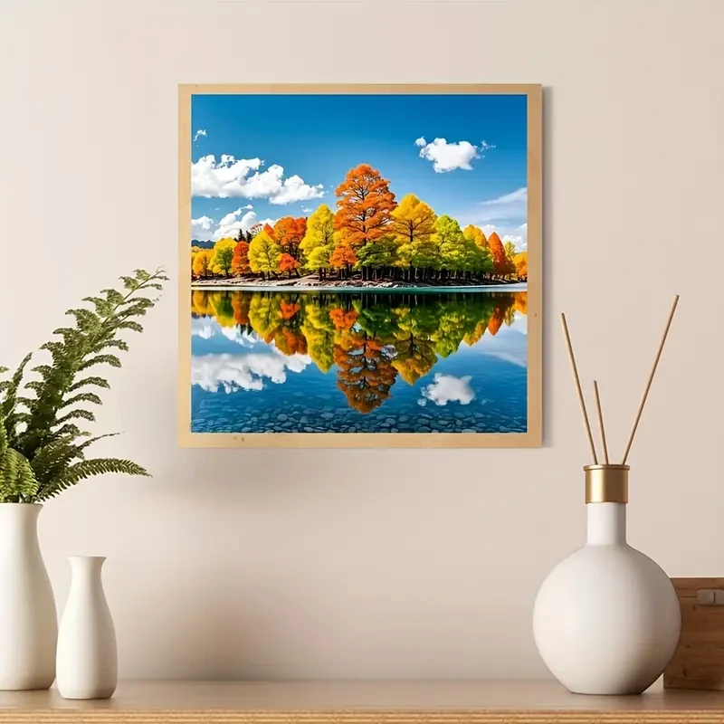 Kit de arte de diamantes con reflejos de paisaje otoñal: paisaje 3D DIY para decorar el hogar