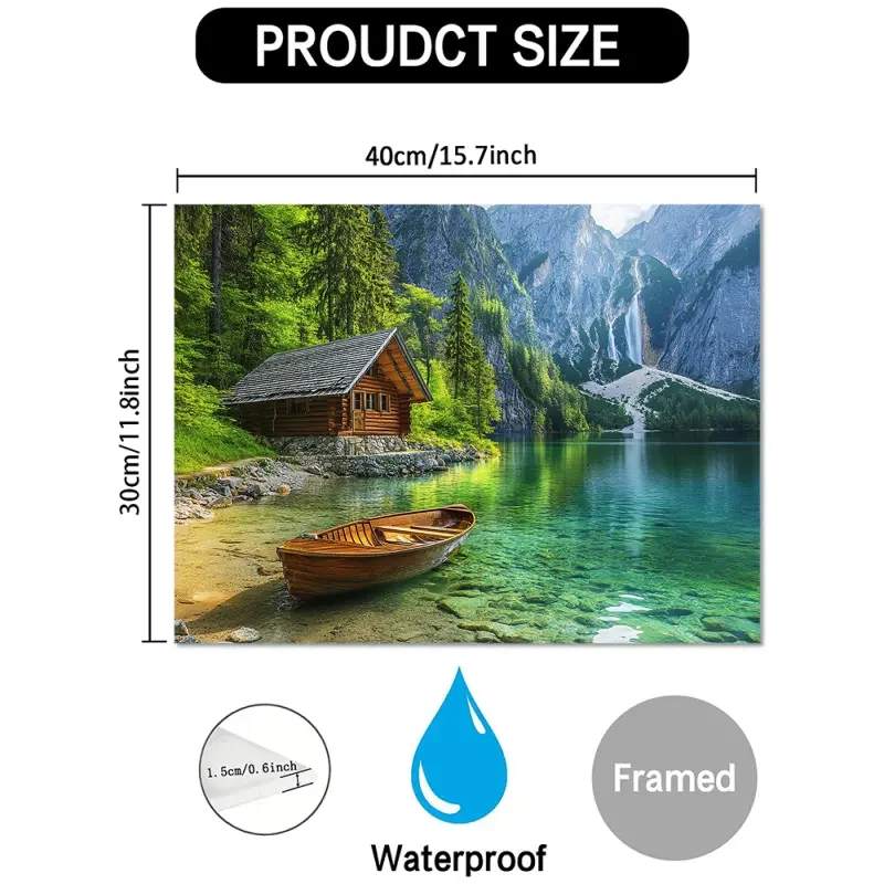 Cabaña de madera tranquila junto al agua con barco (29,97 x 39,88 cm)