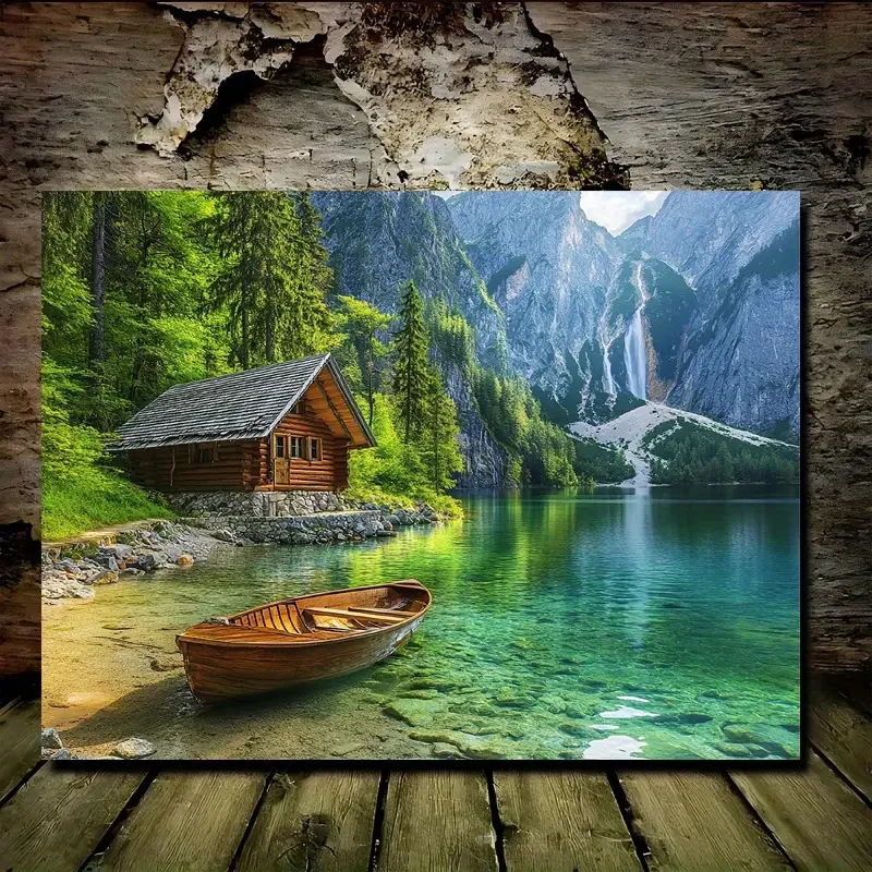Cabaña de madera tranquila junto al agua con barco (29,97 x 39,88 cm)