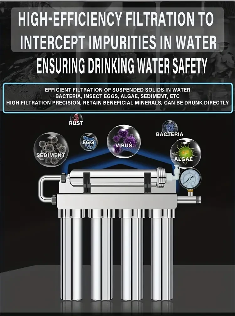Filtro de agua de cocina de acero inoxidable de 5 etapas: elimina sedimentos y carbón activado, no necesita electricidad.