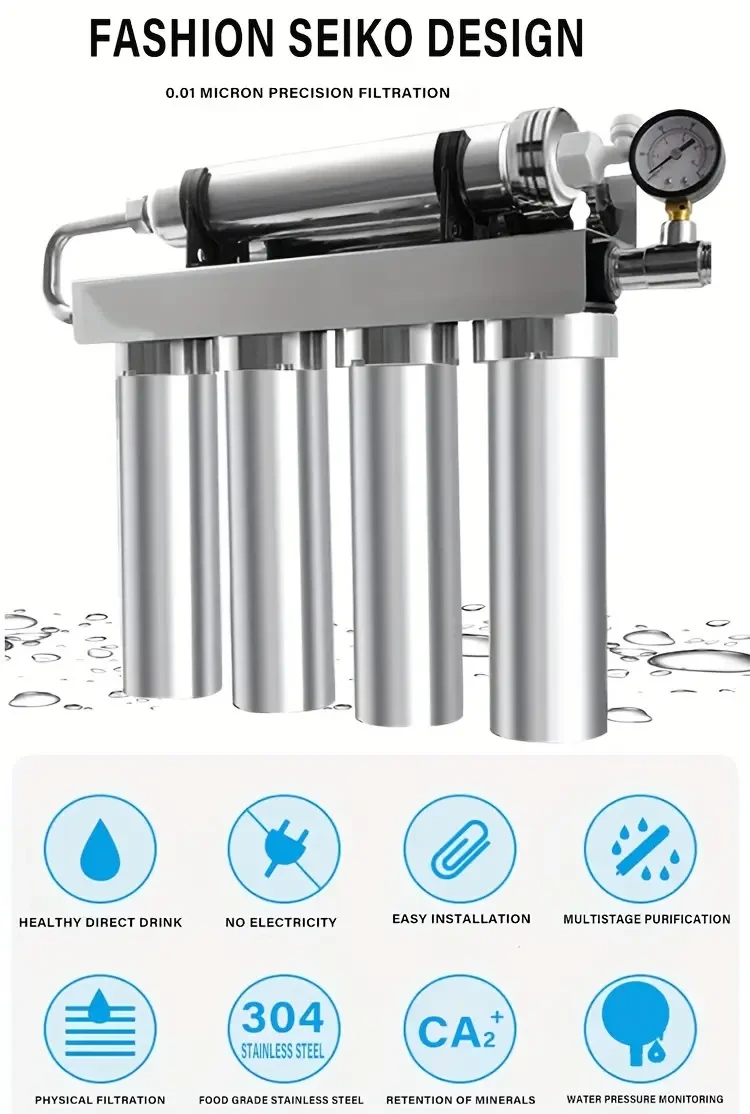 Filtro de agua de cocina de acero inoxidable de 5 etapas: elimina sedimentos y carbón activado, no necesita electricidad.