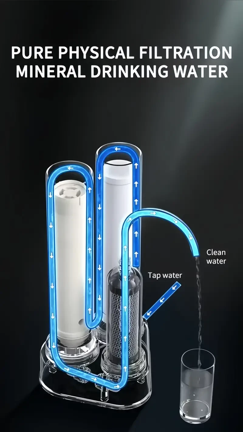 1 juego de purificador de agua de grifo de escritorio de tres etapas con 8 filtros adicionales, reduce el cloro, los olores, las impurezas y elimina partículas grandes como barro, arena y cabello.
