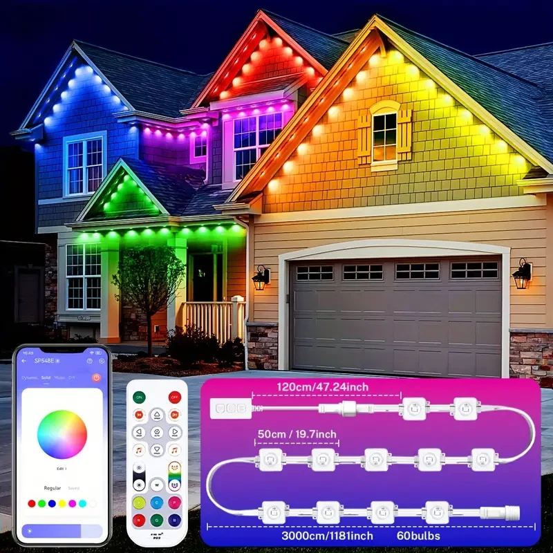 Luces exteriores permanentes, luces inteligentes RGBIC con 75 modos de escena, 30 m con 60 luces LED para alero, IP68 resistente al agua para decoración navideña de Halloween.