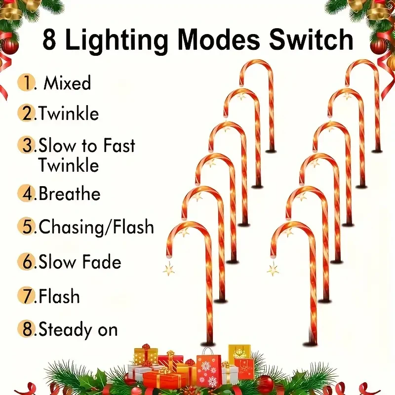 Luces navideñas solares de bastón de caramelo (mejor valoradas): cadena decorativa de 45 cm para exteriores con 8 modos, perfecta para césped, jardín, árbol de Navidad y decoración navideña.