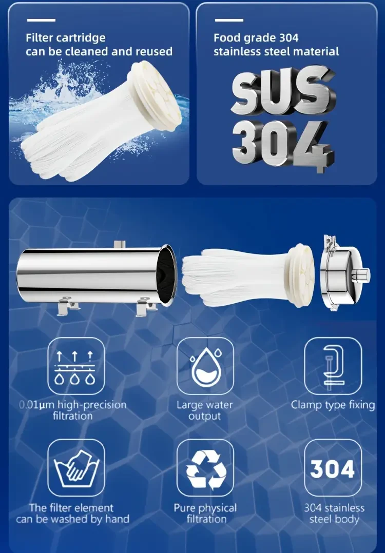 Filtro de agua de ultrafiltración de acero inoxidable, precisión de 0,01 micras, purificador de agua potable doméstico, funcionamiento no eléctrico, capacidad de 89 a 1000 l