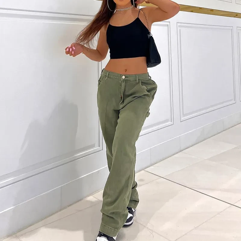 Pantalones vaqueros rectos de cintura alta con costuras y múltiples bolsillos para mujer