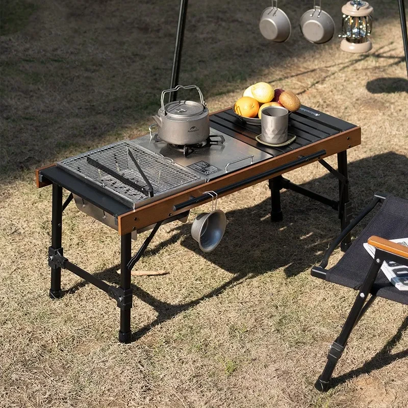 Mesa plegable combinada para exteriores, para camping, barbacoa, picnic, mesa de madera de haya