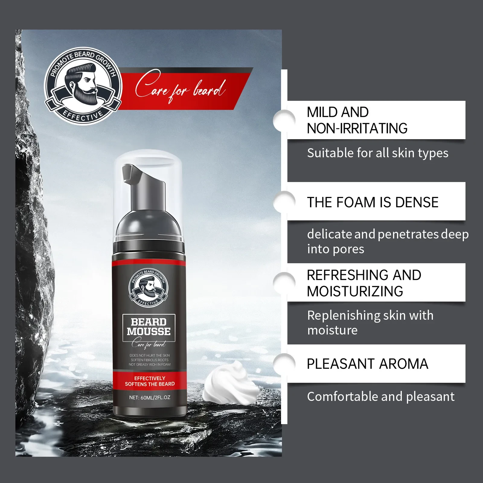 Mousse limpiadora de barba, cuidado hidratante