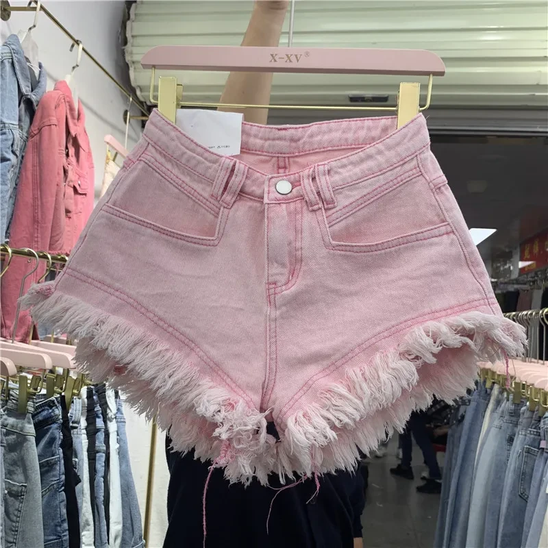 Pantalones cortos vaqueros deshilachados con flecos para mujer, pantalones finos de cintura alta y pierna ancha de verano