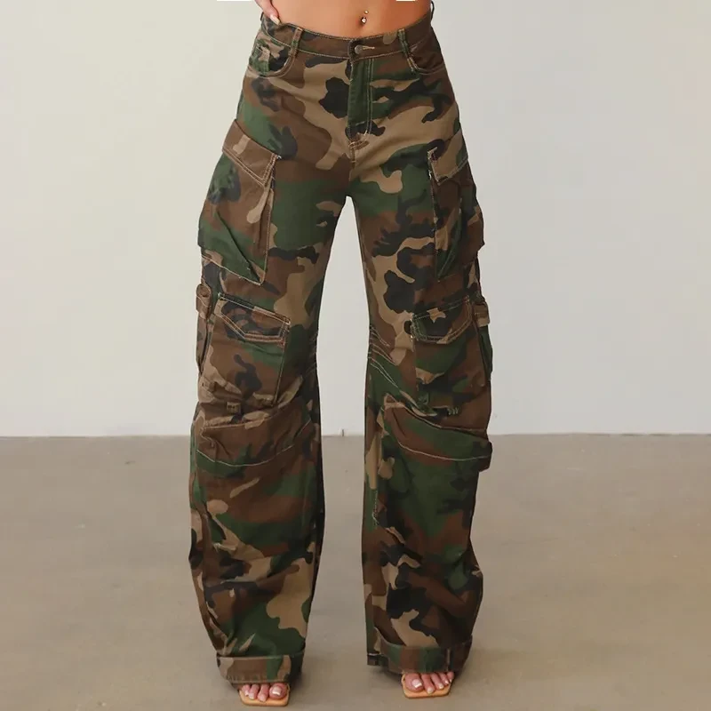 Vaqueros holgados de calle para mujer, con diseño decorativo de camuflaje y múltiples bolsillos laterales
