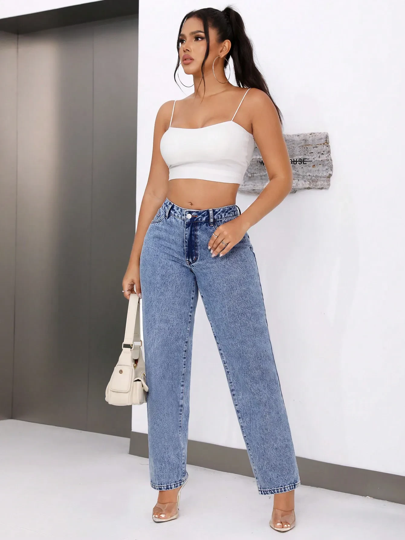 Vaqueros rectos de cintura alta de moda retro para mujer