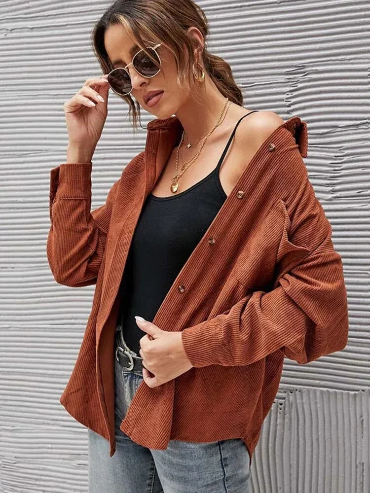 Chaqueta de pana de otoño para mujer, chaqueta camisera larga con botones para mujer