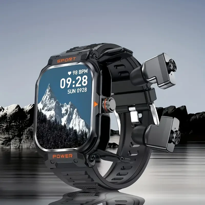 2024 Nuevo 2.01 pulgadas Full Touch HD Cuerpo de aleación de metal, Auriculares deportivos TWS + Reloj inteligente impermeable IP67 para exteriores 2 en 1, Batería de 345 mAh de larga duración, Compatible con marcación, Desbloqueo NFC, Seguimiento de dato