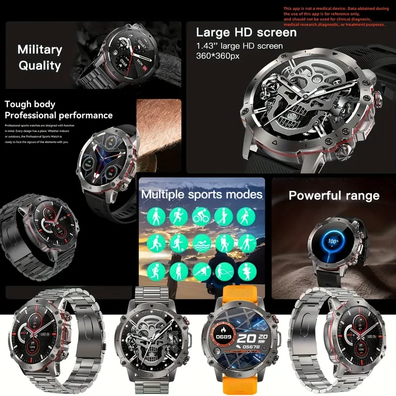 Reloj inteligente de 1.43'' para hombre, reloj inteligente de fitness para hombre: integración de llamadas, modos multideportivos, reloj inteligente con llamadas inalámbricas para Android y iPhone, monitor de actividad física, monitorización del sueño, ca