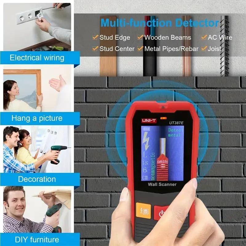 Escáner de pared UNI-T UT387E, detector de vigas, detección multifunción 6 en 1 con aviso de voz y pantalla LCD para detectar metales en el borde central.