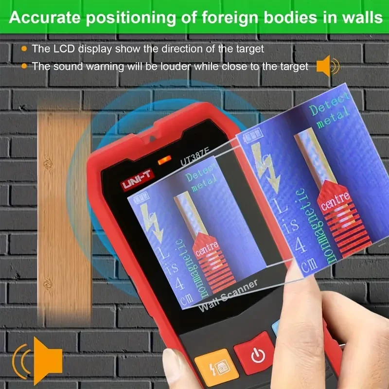 Escáner de pared UNI-T UT387E, detector de vigas, detección multifunción 6 en 1 con aviso de voz y pantalla LCD para detectar metales en el borde central.