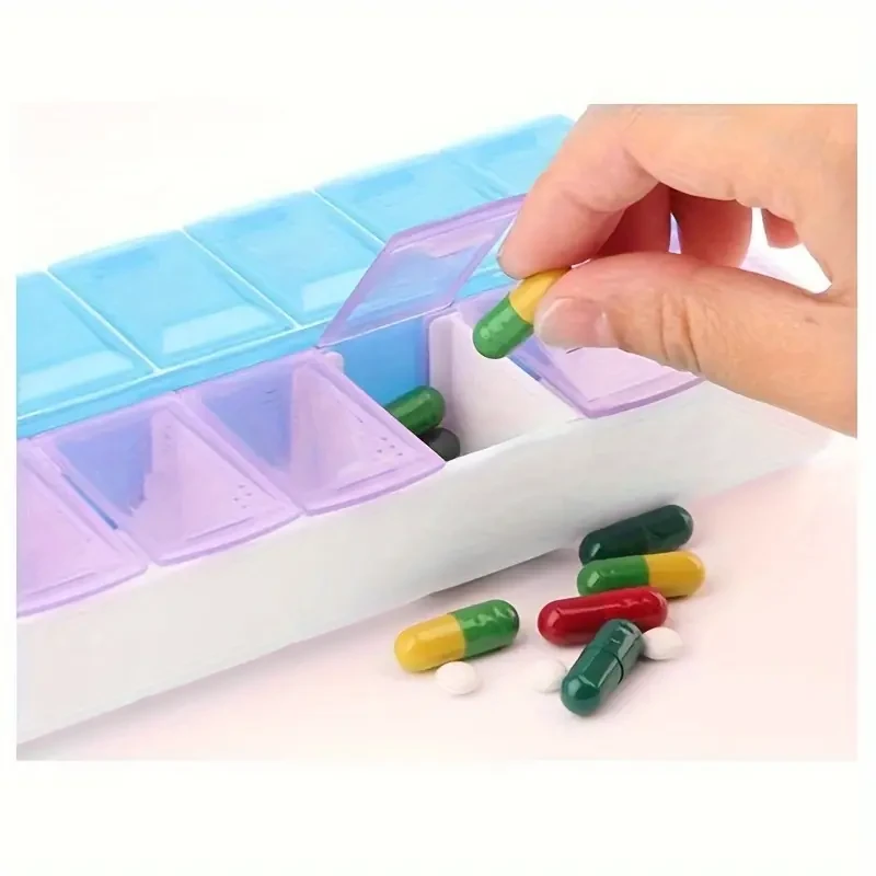 Pastillero semanal de 2 filas, gran capacidad, para 7 días, portátil, con 14 compartimentos, tapa a presión, estuche de plástico resistente y apto para viajes.