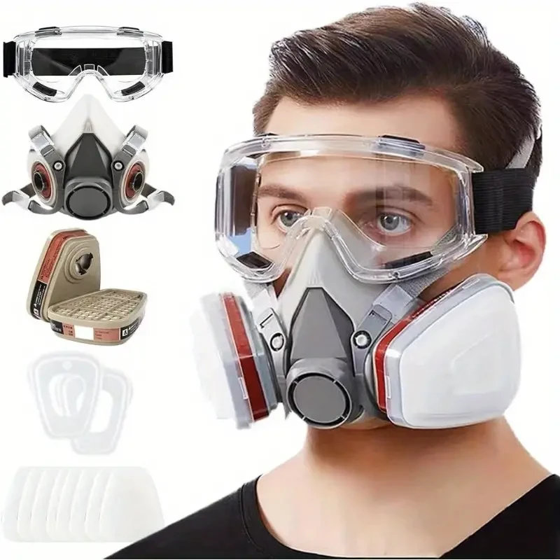 Mascarilla de respiración reutilizable con filtros/gafas de seguridad. Respirador para pintura, químicos, polvo, resina, lijado, pulido, pulverización, soldadura, carpintería.