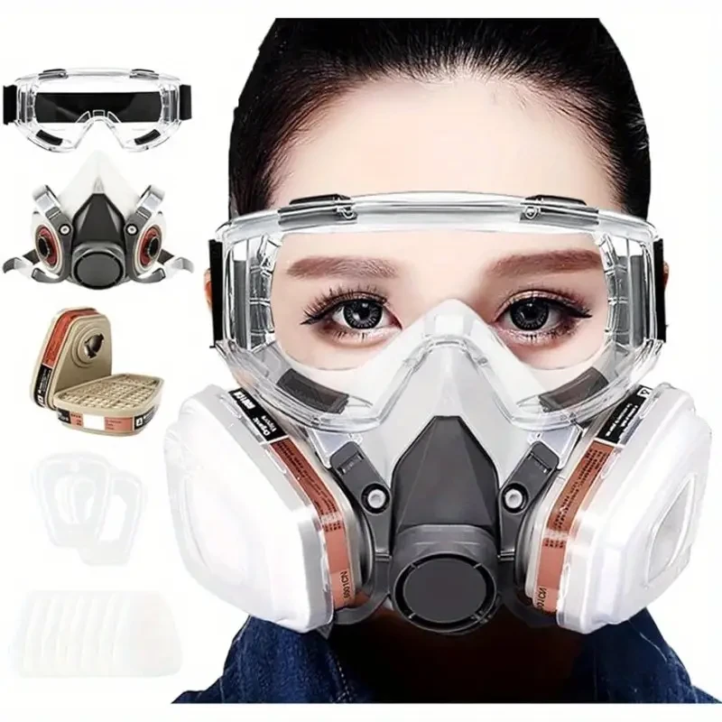 Mascarilla de respiración reutilizable con filtros/gafas de seguridad. Respirador para pintura, químicos, polvo, resina, lijado, pulido, pulverización, soldadura, carpintería.