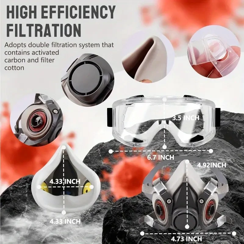Mascarilla de respiración reutilizable con filtros/gafas de seguridad. Respirador para pintura, químicos, polvo, resina, lijado, pulido, pulverización, soldadura, carpintería.