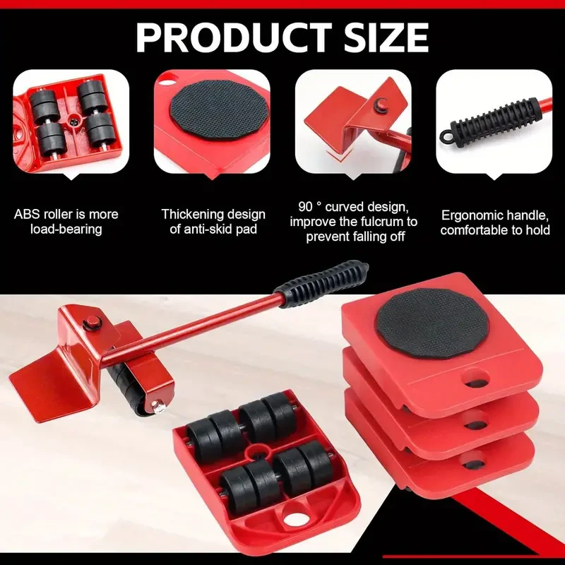 Dispositivo para mover muebles pesados, conjunto de cinco piezas, sistema para mover muebles, herramienta para mover, herramienta para mover, herramienta de hardware