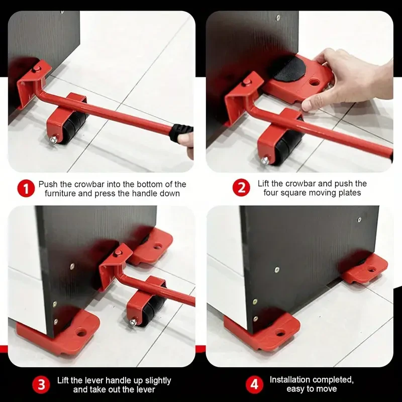 Dispositivo para mover muebles pesados, conjunto de cinco piezas, sistema para mover muebles, herramienta para mover, herramienta para mover, herramienta de hardware