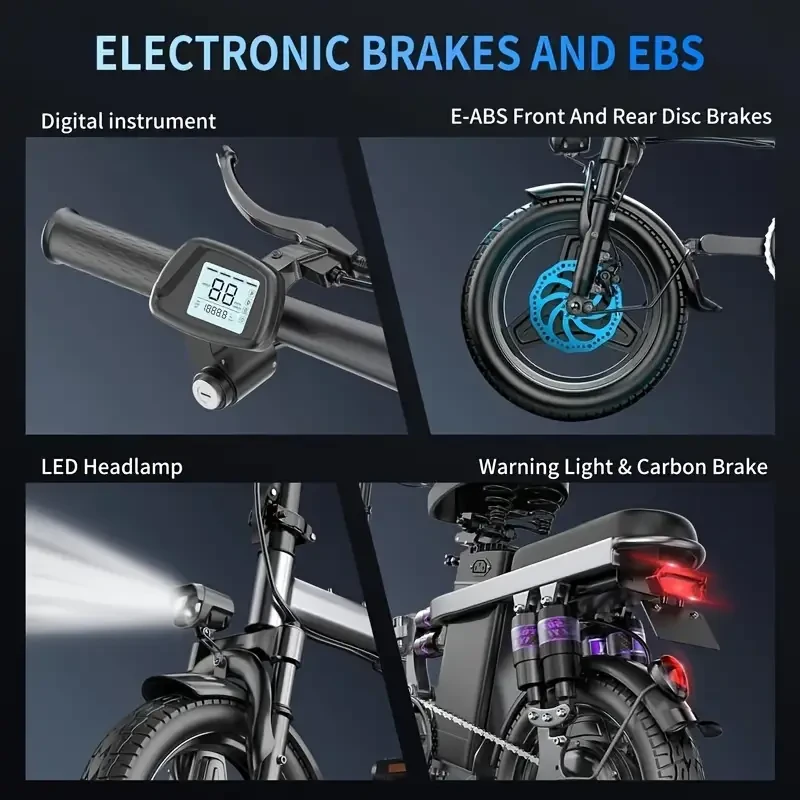 Bicicleta eléctrica plegable para adultos con potencia máxima de 500 W, 32 km/h, 48 km de autonomía, 14 neumáticos, batería de litio de 48 V y 15 AH, diseño clásico unisex.