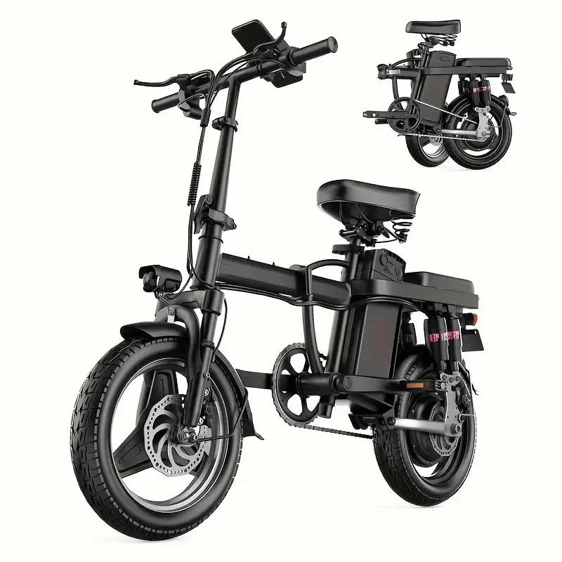 Bicicleta eléctrica plegable para adultos con potencia máxima de 500 W, 32 km/h, 48 km de autonomía, 14 neumáticos, batería de litio de 48 V y 15 AH, diseño clásico unisex.