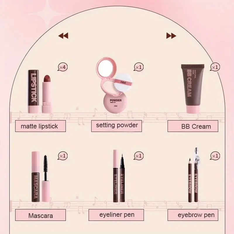 Set de regalo de maquillaje definitivo de 9 piezas: incluye crema BB, polvos fijadores, máscara de pestañas, delineador de ojos, cejas y lápiz labial. Perfecto para el Día de San Valentín y festivales.