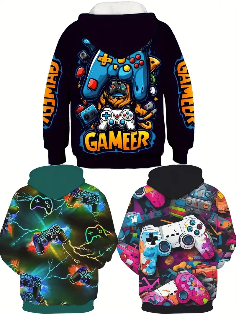 Conjunto de 3 sudaderas con capucha para gamers de niño: estampado 3D de mando de juego, jersey de manga larga con bolsillos para disfrutar al aire libre en otoño/invierno.