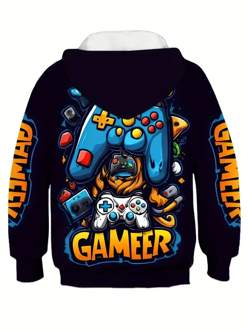Conjunto de 3 sudaderas con capucha para gamers de niño: estampado 3D de mando de juego, jersey de manga larga con bolsillos para disfrutar al aire libre en otoño/invierno.