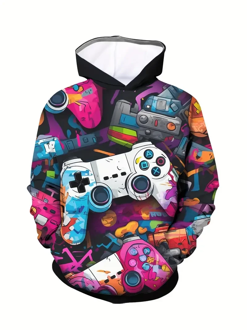 Conjunto de 3 sudaderas con capucha para gamers de niño: estampado 3D de mando de juego, jersey de manga larga con bolsillos para disfrutar al aire libre en otoño/invierno.