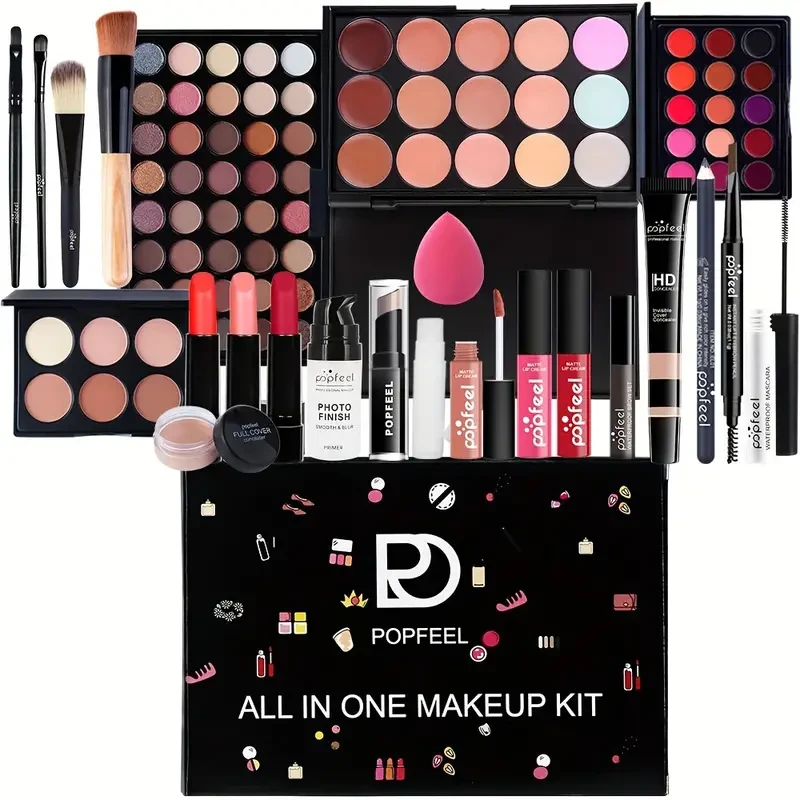 Kit de maquillaje todo en uno POPFEEL para principiantes. Incluye sombra de ojos, lápiz labial, rubor, delineador, lápiz de cejas, rímel, textura cremosa y paleta de colores variados.