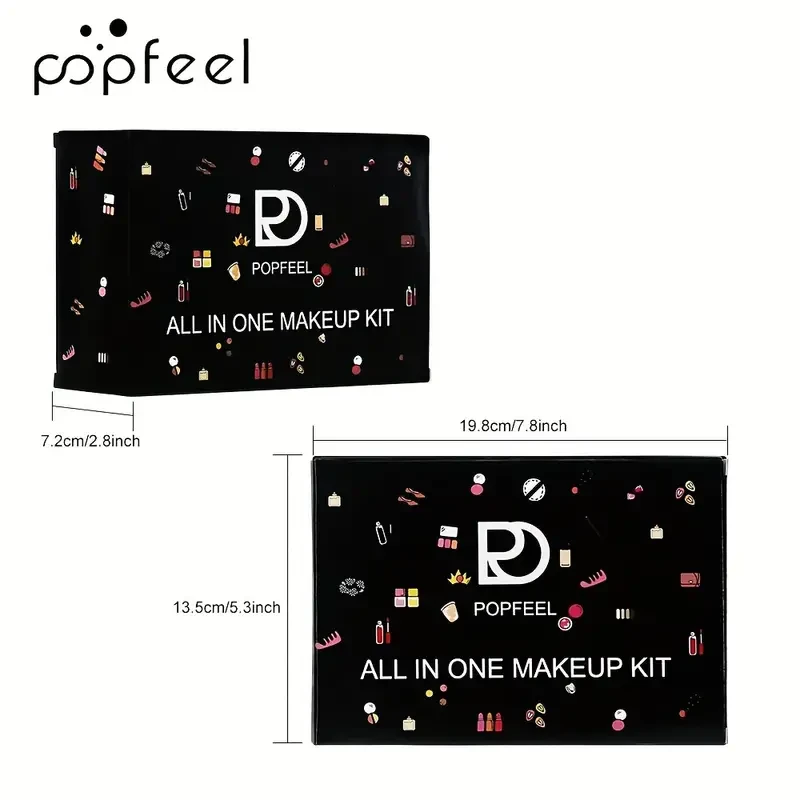Kit de maquillaje todo en uno POPFEEL para principiantes. Incluye sombra de ojos, lápiz labial, rubor, delineador, lápiz de cejas, rímel, textura cremosa y paleta de colores variados.
