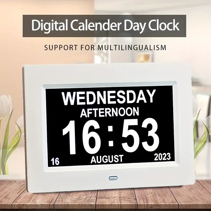 Reloj despertador digital con calendario diario, reproductor multimedia con marco de fotos, atenuación automática e iconos de sol y luna, 4 opciones de alarma y 10 idiomas.