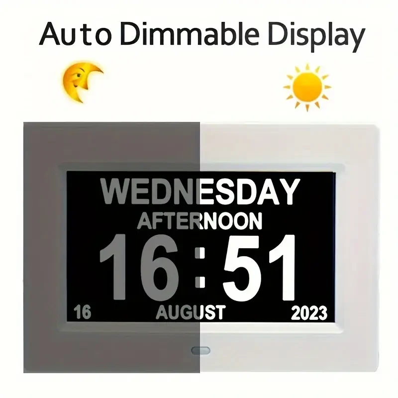 Reloj despertador digital con calendario diario, reproductor multimedia con marco de fotos, atenuación automática e iconos de sol y luna, 4 opciones de alarma y 10 idiomas.