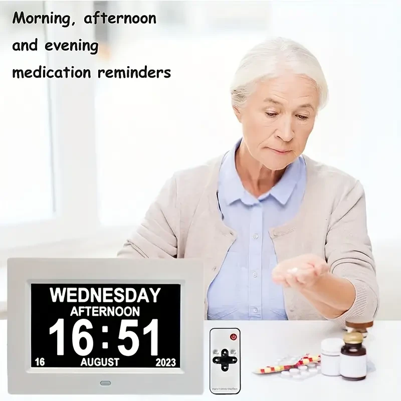 Reloj despertador digital con calendario diario, reproductor multimedia con marco de fotos, atenuación automática e iconos de sol y luna, 4 opciones de alarma y 10 idiomas.