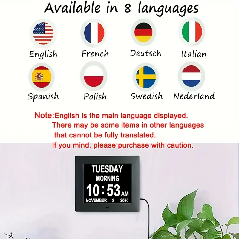 Reloj despertador digital con calendario diario, reproductor multimedia con marco de fotos, atenuación automática e iconos de sol y luna, 4 opciones de alarma y 10 idiomas.