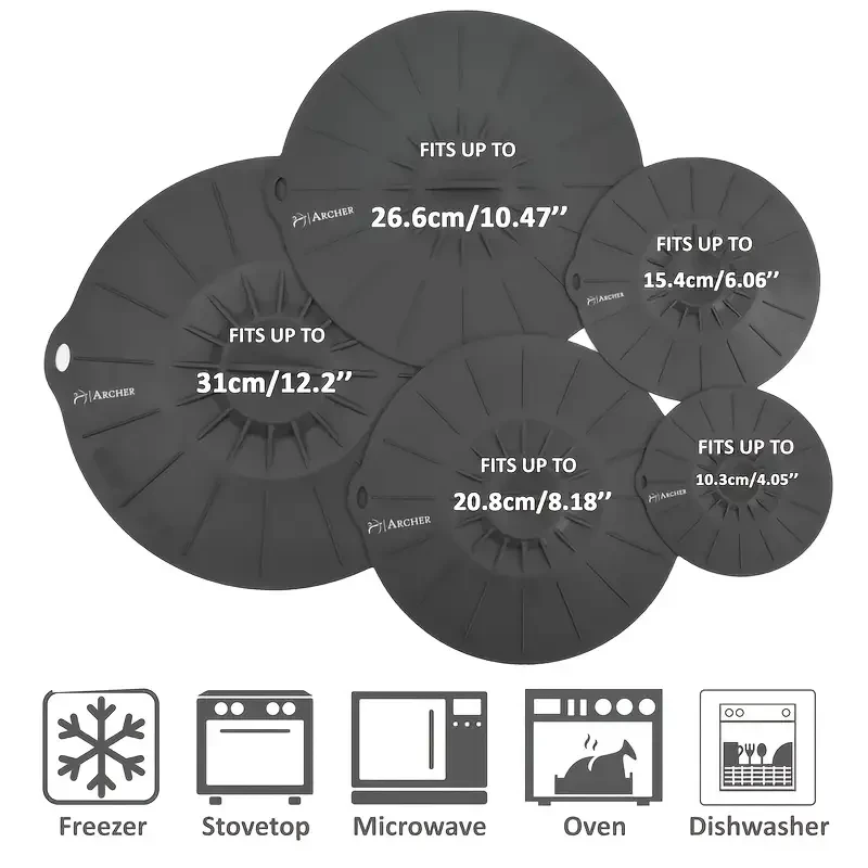 Juego de 5 tapas de silicona multitamaño: resistentes al calor, aptas para microondas y estufas. Sellado versátil para utensilios de cocina.