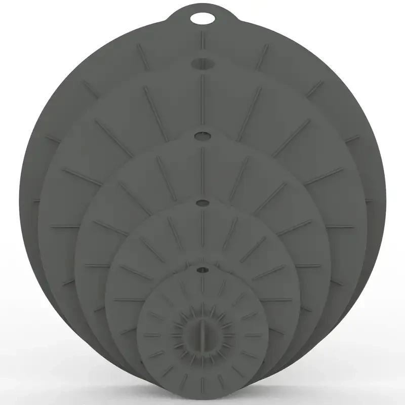 Juego de 5 tapas de silicona multitamaño: resistentes al calor, aptas para microondas y estufas. Sellado versátil para utensilios de cocina.