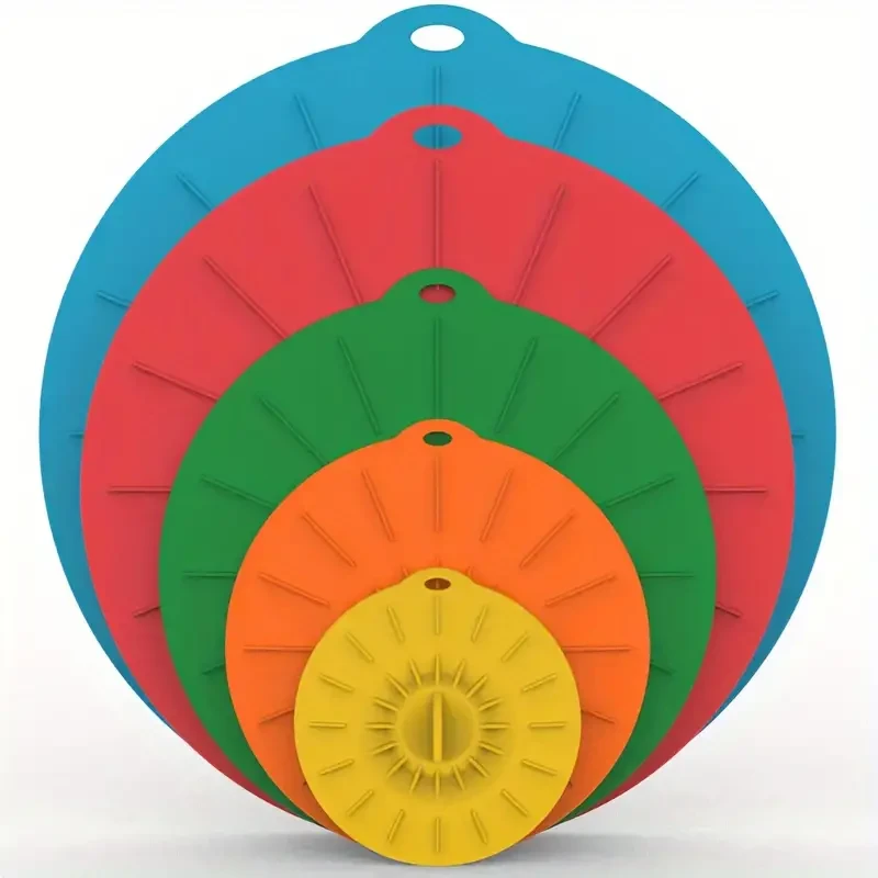 Juego de 5 tapas de silicona multitamaño: resistentes al calor, aptas para microondas y estufas. Sellado versátil para utensilios de cocina.