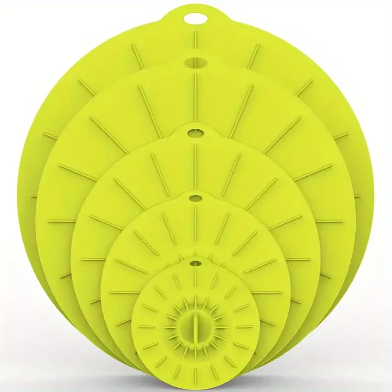 Juego de 5 tapas de silicona multitamaño: resistentes al calor, aptas para microondas y estufas. Sellado versátil para utensilios de cocina.