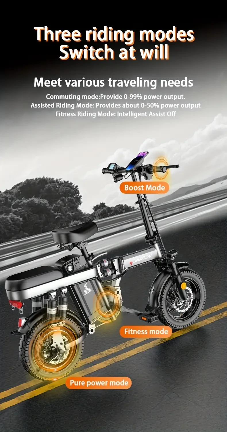 Bicicleta eléctrica para adultos con cesta, candado, soporte para móvil, motor de 400 W, velocidad máxima de 40 km/h, alarma antirrobo, neumáticos de 35 cm, batería extraíble, amortiguadores múltiples, ideal para desplazamientos urbanos, plegable.