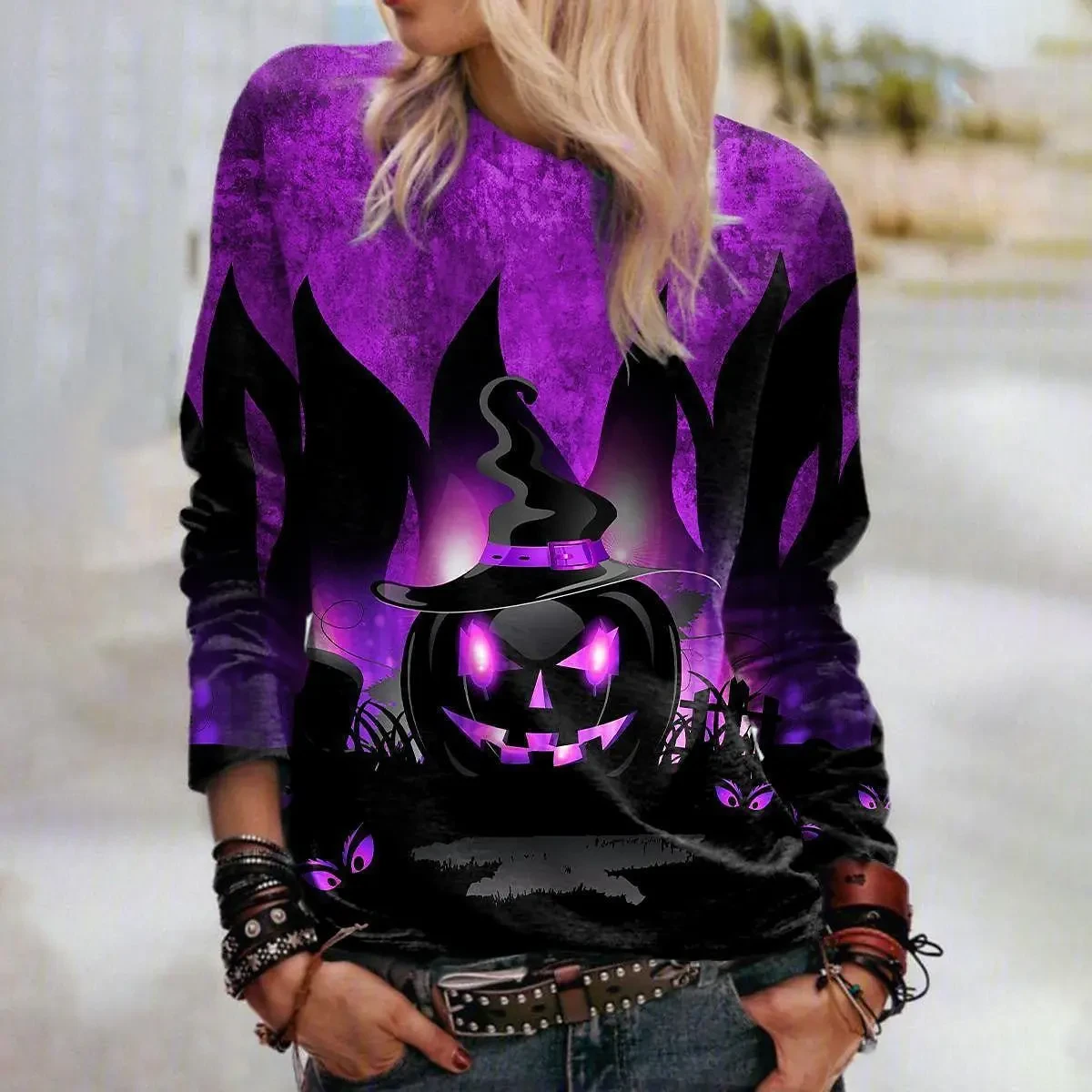 Sudadera de cuello redondo con estampado de Halloween para mujer